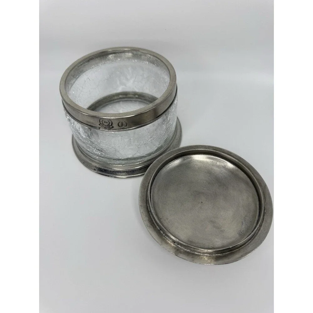 Vintage Labrazel Italian Pewter Crackle Glass Vanity Canister Crystina Jar 90s